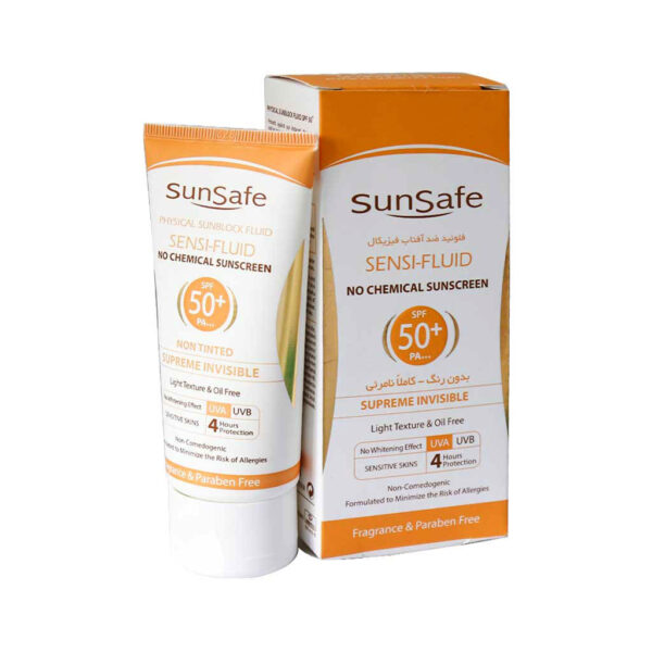 فلوئید ضد آفتاب SPF50+ فیزیکال مناسب پوست ‌های حساس سان سیف