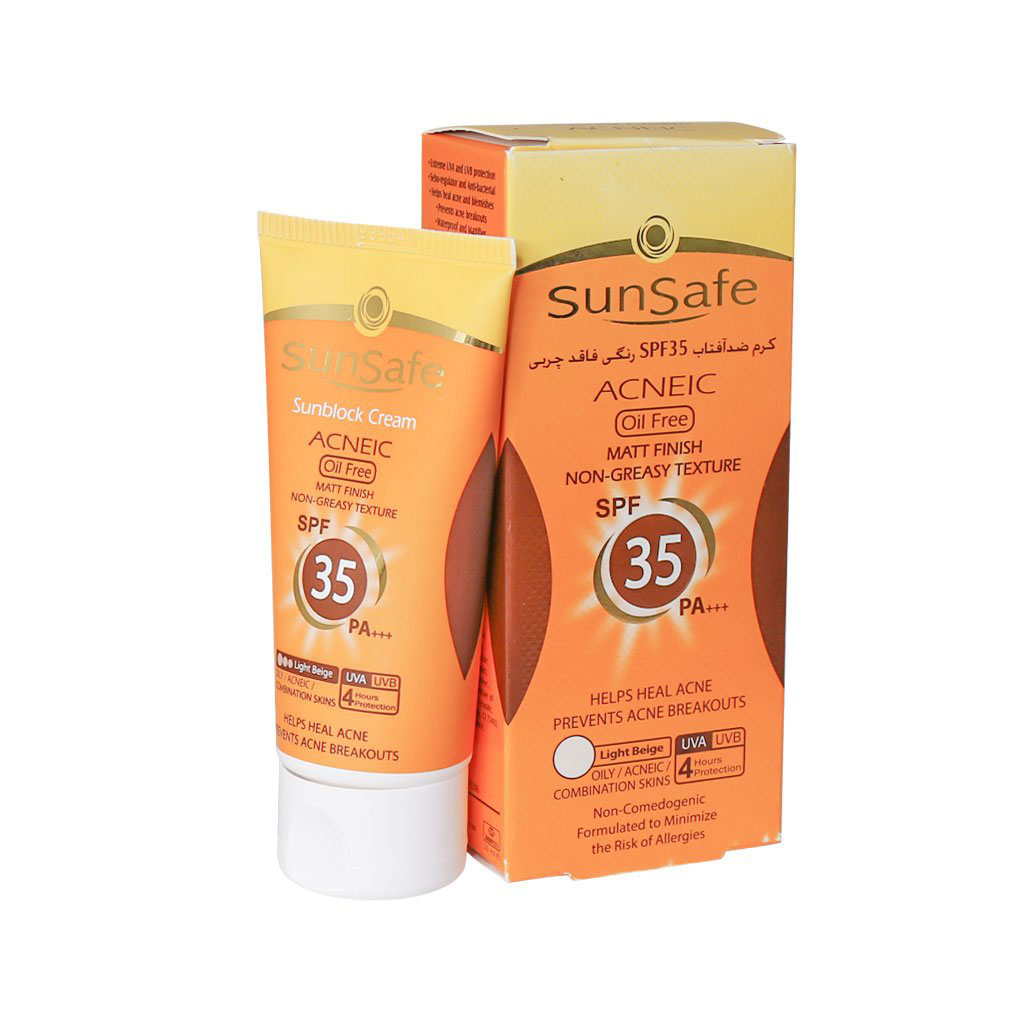 کرم ضد آفتاب SPF35 بژ روشن فاقد چربی مناسب پوست های چرب و آکنه ای ۵۰ میلی لیتر سان سیف Sun Safe