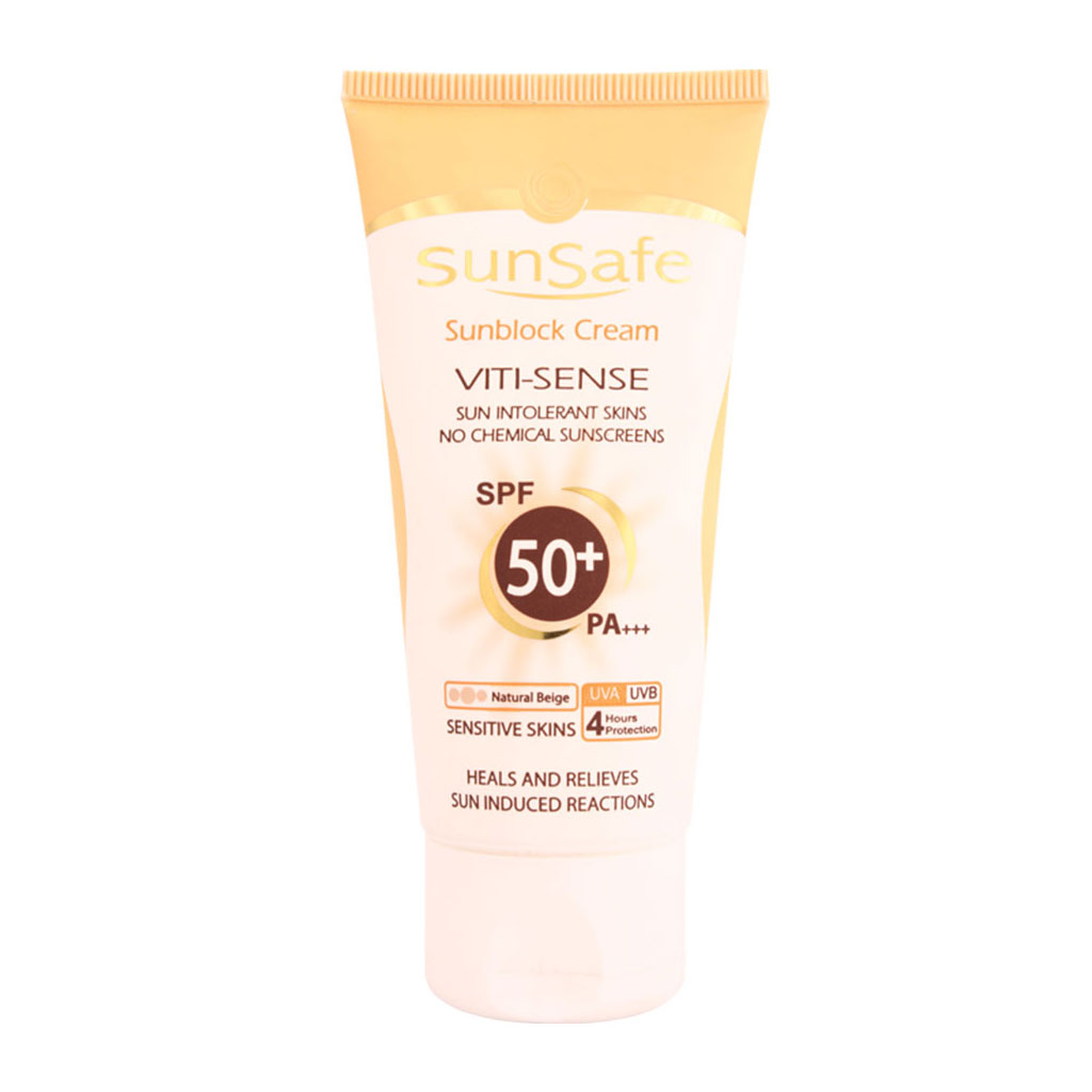 كرم ضد آفتاب +SPF 50 فیزیکال پوست حساس VITI- SENSE پژ طبیعی 50 گرم سان سیف Sun Safe